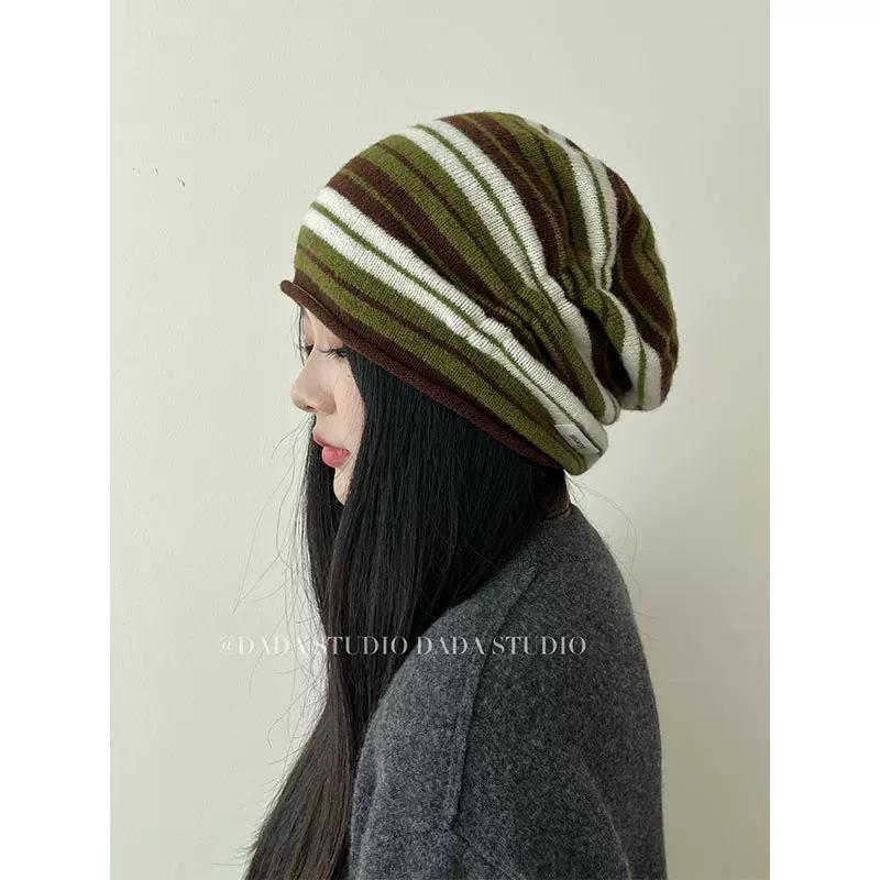 Color Striped Wool Knitted Pullover Heap Hat Female Atmosphere Soft Waxy Bag Head Show Face Small Hat Warm Cold Hat Man