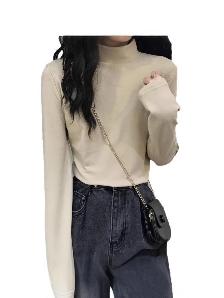 Thickened Shoulder Half-High Collar Slim Fit Warm Women's Long Sleeve T-Shirt - Autumn/Winter Fashion.