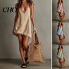 V-neck Short Dress Women Summer Fringed Deep V Neck Sleeveless Slip Boho Casual Loose Beach Spaghetti Strap Above Knee Mini
