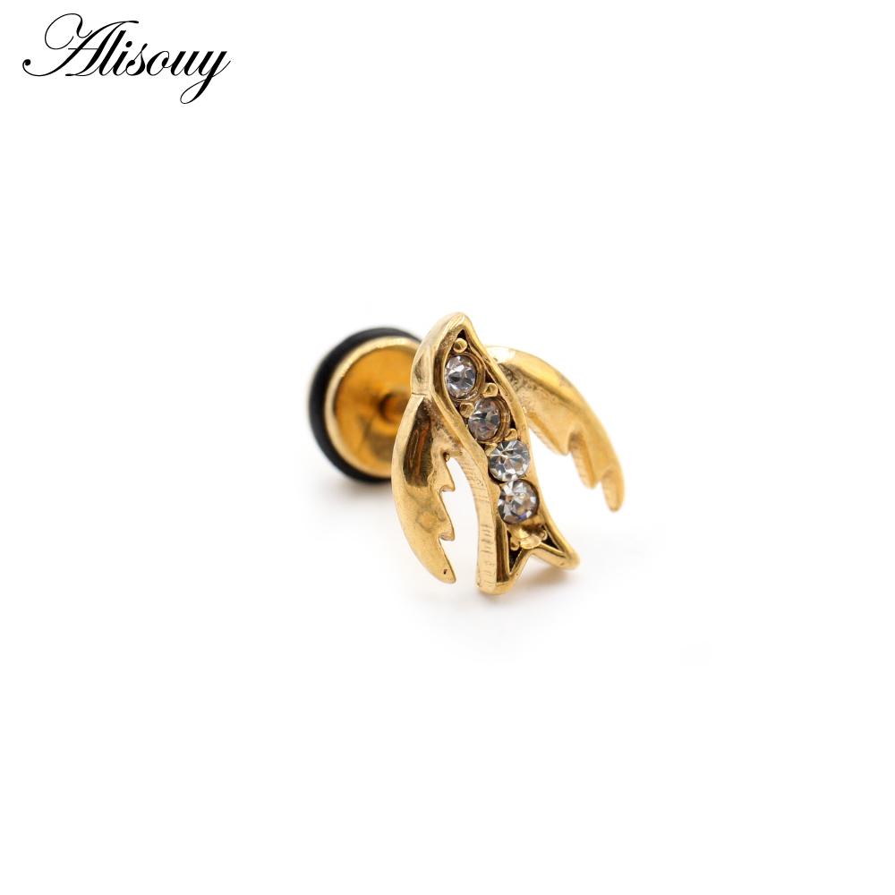 Alisouy 2 Stück Edelstahl Delphin Eidechse Sonne Mond Kreuz CZ Damen Herren Ohrstecker Ohrring Tragus Helix Knorpel Piercing Schmuck