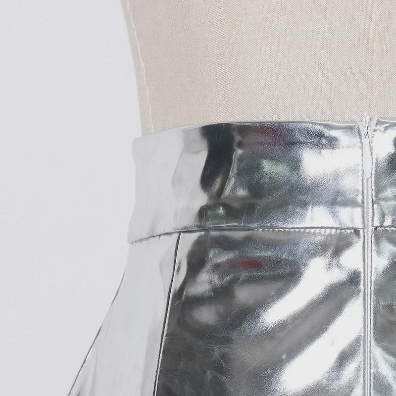2025 Summer High Waist Zippered Pleated Silver PU Shorts for Women