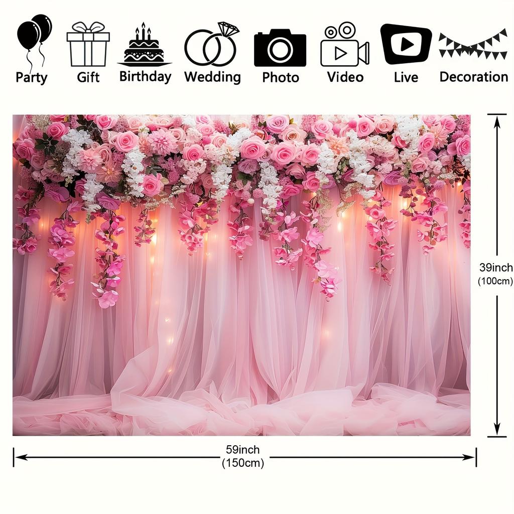 Pink floral background cloth, floral photography background, cake and dessert table decoration, wedding and birthday background