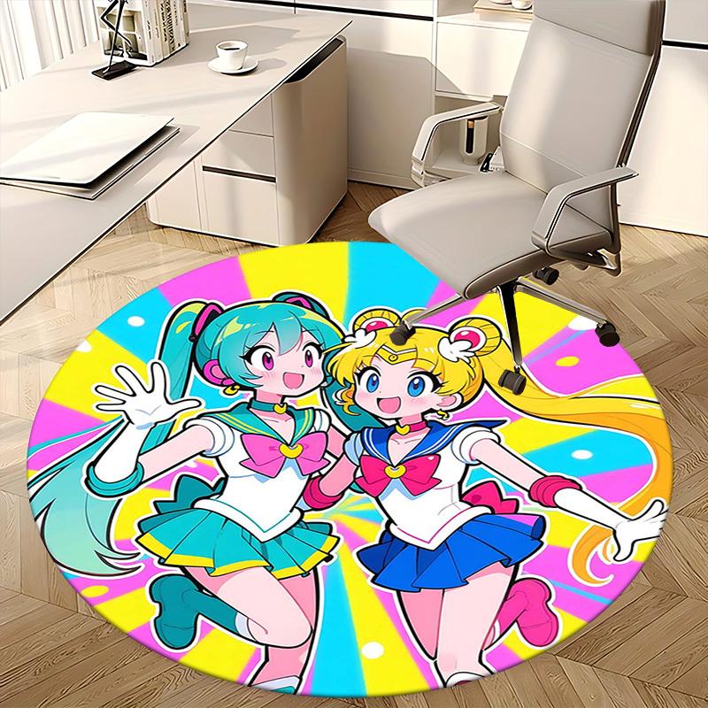 1pc Sailor Moon & Hatsune Miku Anime Cartoon Design Round Carpet - Office Chair Mat, Non-Slip Rug for Home Decor, Living Room, Bedroom, Game Room, Dor