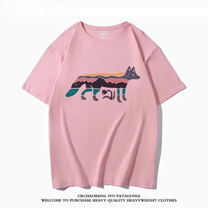 Summer New Bata Outdoor Forest Style Fox Print Round Neck Short Sleeved Men's and Women's Japanese Trend T-shirt for Couples