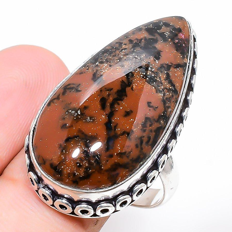 

Ювелирное кольцо из стерлингового серебра 925 пробы с медовым дендритным камнем, размер 9 v5H57