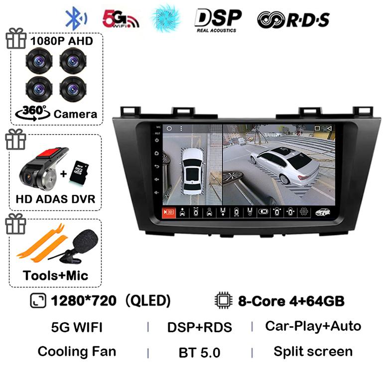 Android 14 Carplay Auto For Mazda 5 CW 2010 2011 2012 2013 2014 2015 Multimedia Car Radio Navigation Player Video WIFI+4G DSP