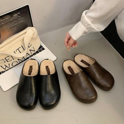 Korean Version Thick Soled and Plush Warm Half Drag Women's Shoes 2026 Autumn and Winter New Item Baotou Casual Plush Boken Shoe