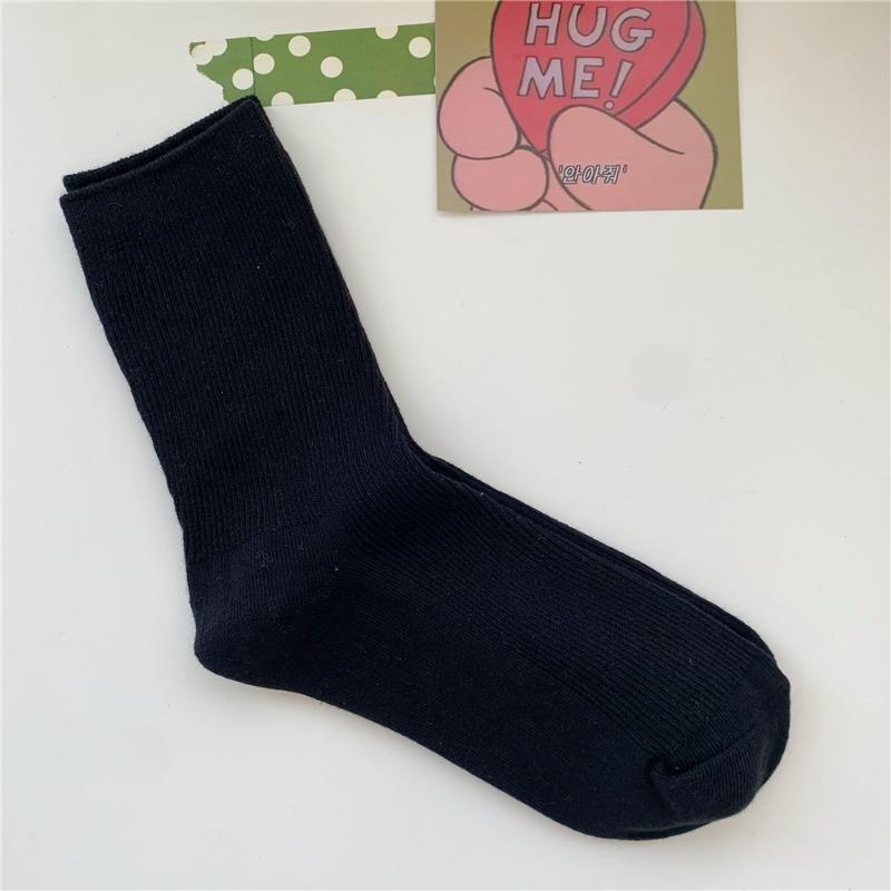 Bomull Ensfarvede Sokker for Kvinner, Høst Tynne Tynne Stripete Frotte-sokker for Kvinner, Midt-legg Sokker