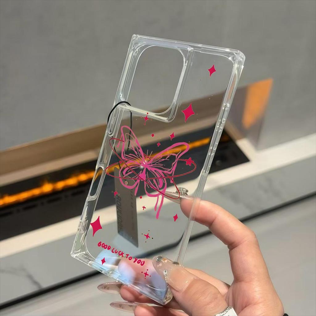 Square Back Tube Protection Clear Case For iPhone 16 ProMax 12 11 15 Plus 14 Pro Max 13 Anti-Oxygen,English Pink Butterfly Pattern Casing