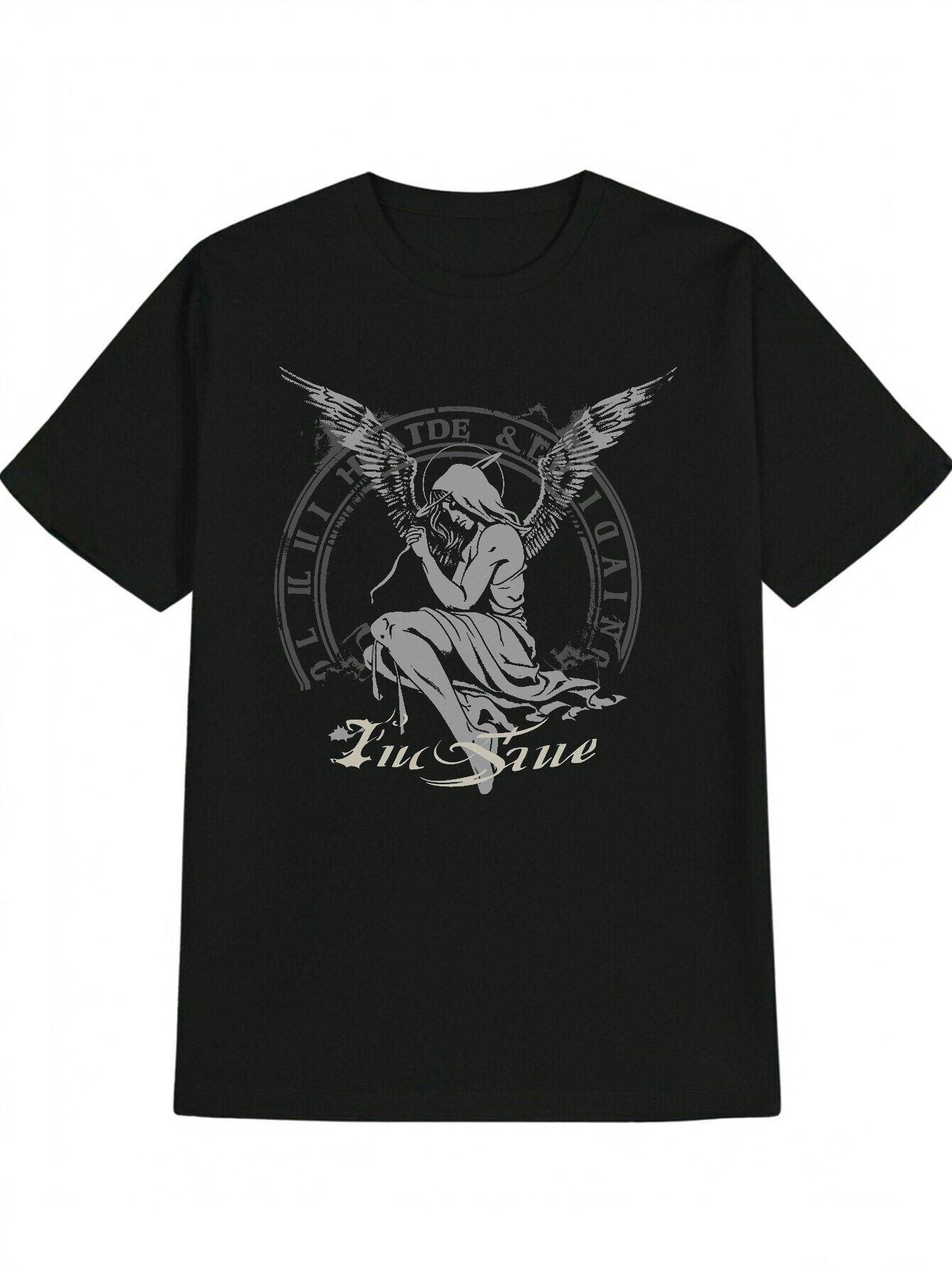Casual Crew Neck T-shirt with Angel and Sword Graphic Print XXXXL
