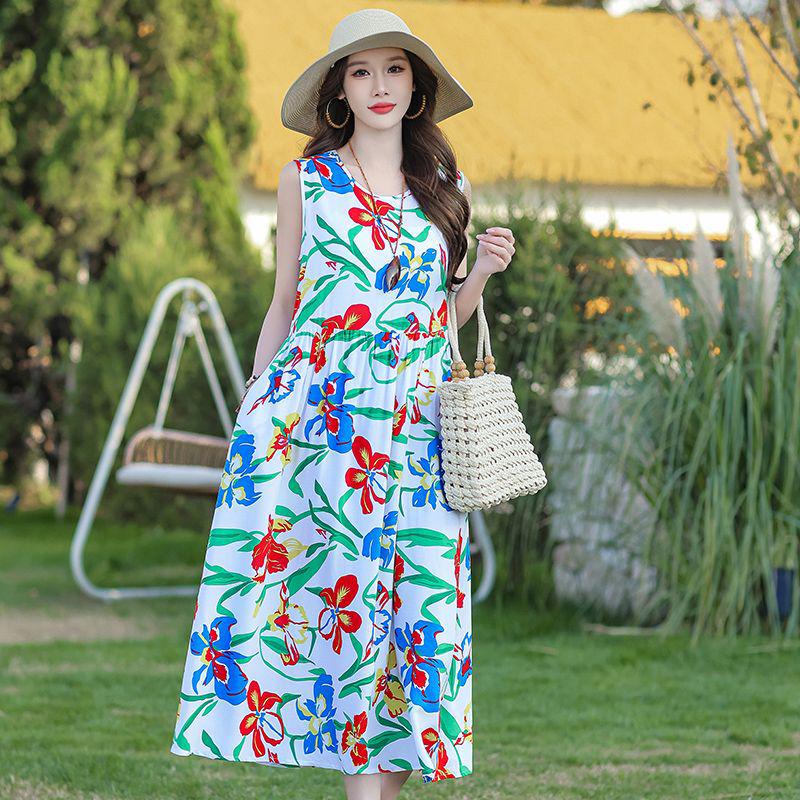 Elegant Plus Size Floral Cotton-Silk Sleeveless Summer Dress