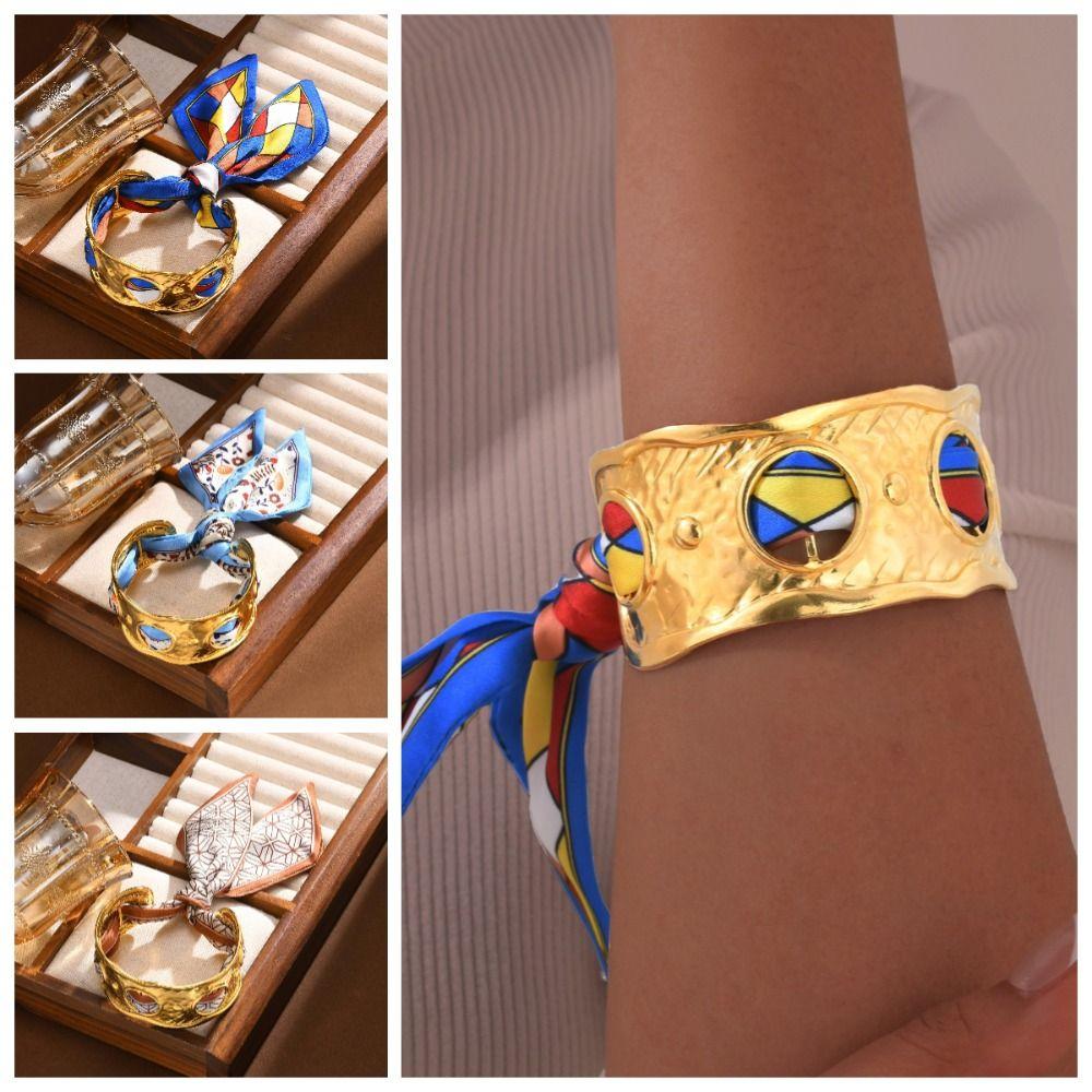 Luxury Silk Scarf Open Bracelets Retro Exaggerated Bracelet Elegant Golden Metal Bracelet  Women