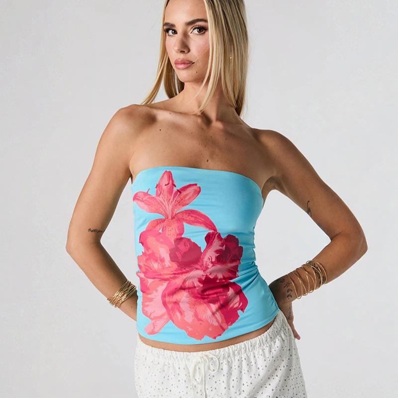 European & American Women's Floral Print Bandeau Top - Summer/Autumn, Sexy, Waist-Cinched, Cropped.
