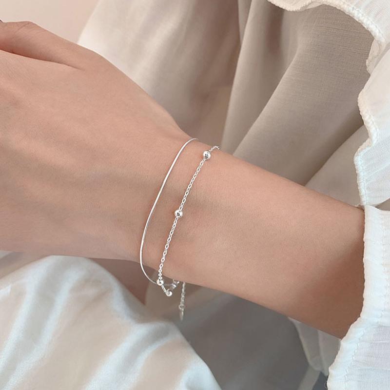 Popular 925 Silver Small Round Bead Chain Bracelet Double-layer Snake Bone Bracelet Women Fashionable Jewelry Gift