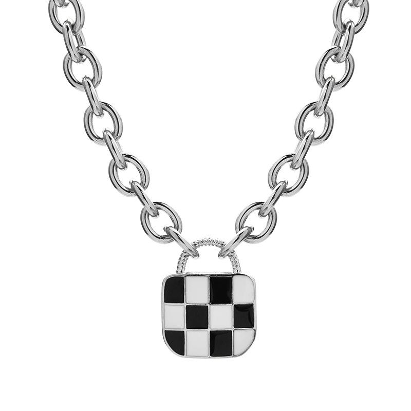 Heart Trendy Shape Titanium Steel Necklace Featuring Stylish Black And White Checkerboard Design