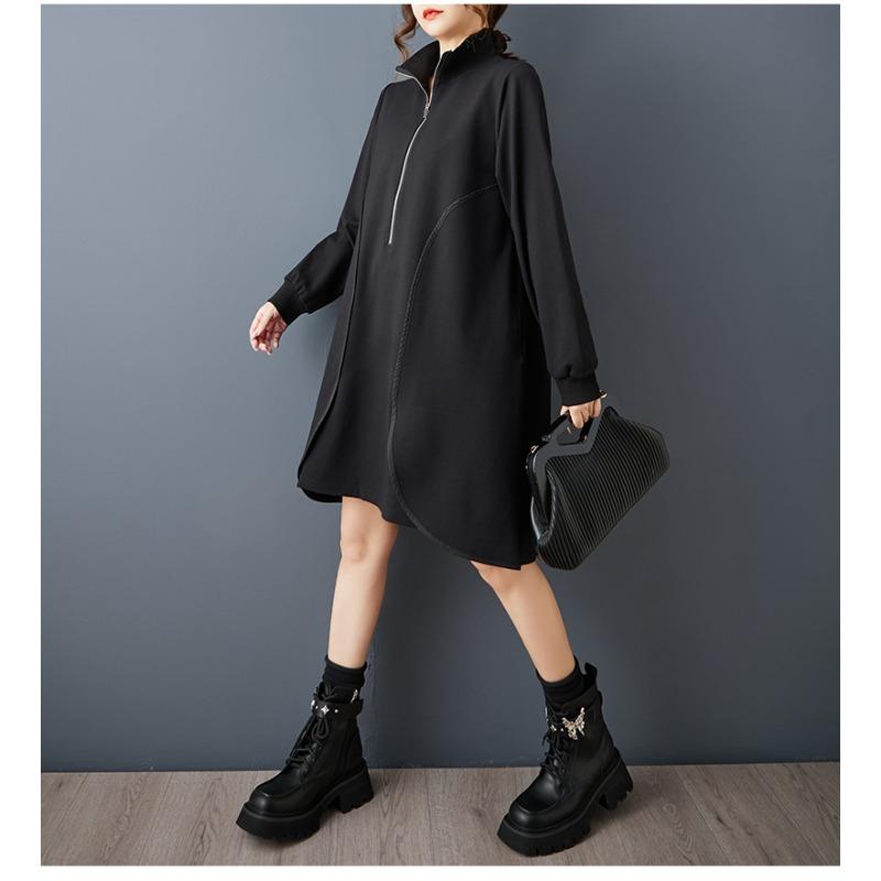 DIMANAF 2025 Women Plus Size Autumn Shirt Dress Loose Casual Oversize Long Sleeve Vintage Dress Black Zipper