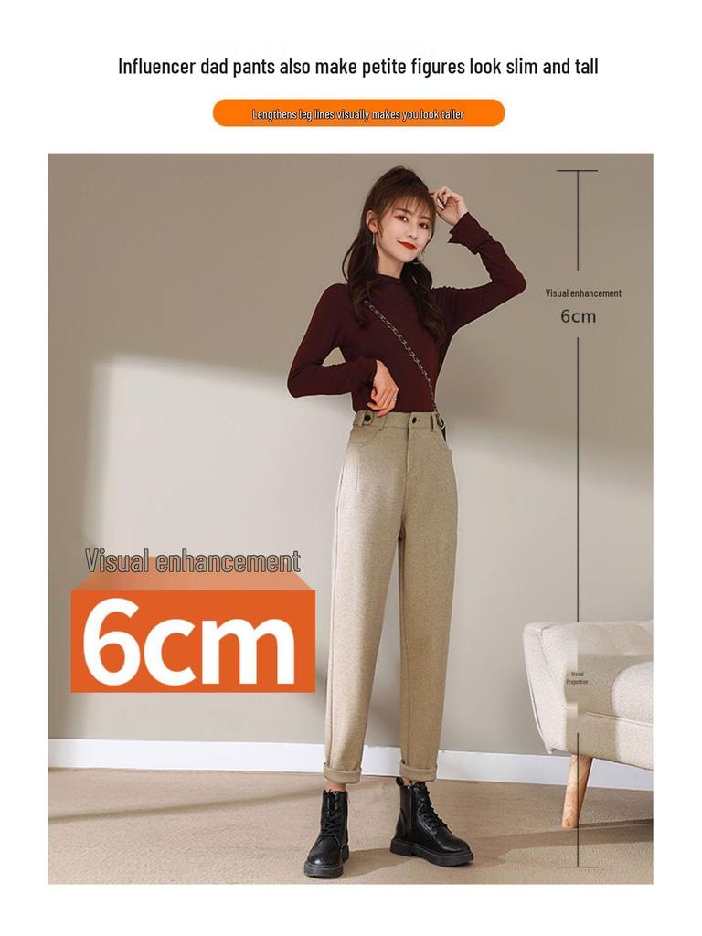 Women's Black Wool Fleece-Lined High Waist Loose Straight-Leg Harem Pants for Autumn and Winter