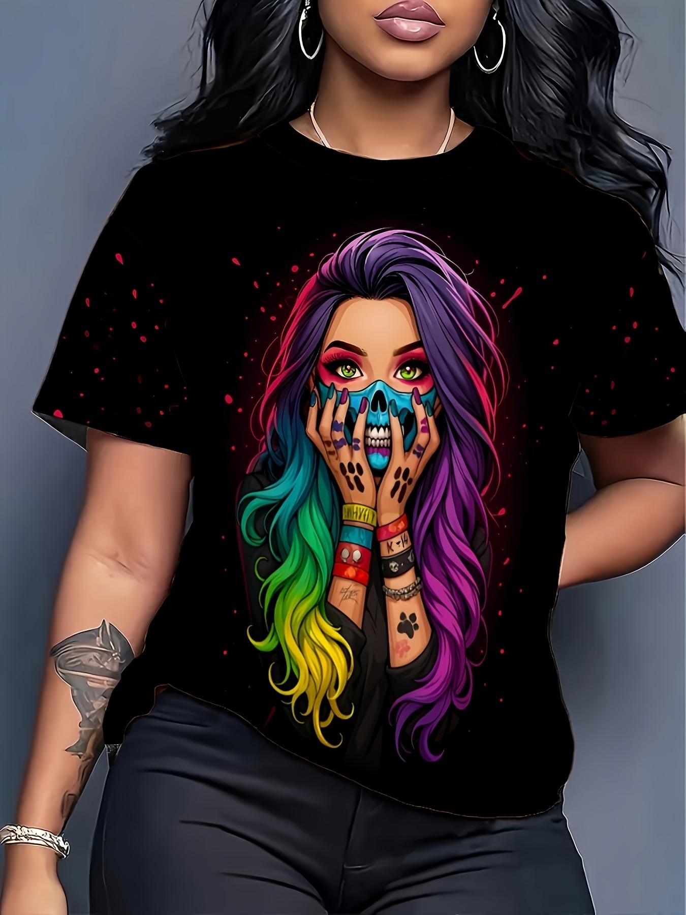 

Cyber-Gothic Gradient Hair Skull Print Round Neck T-Shirt. Dark Cool Hot Style Unique Top. Suitable for Parties. Shopping. Gatherings. and S. Fashiona M дубильная кора
