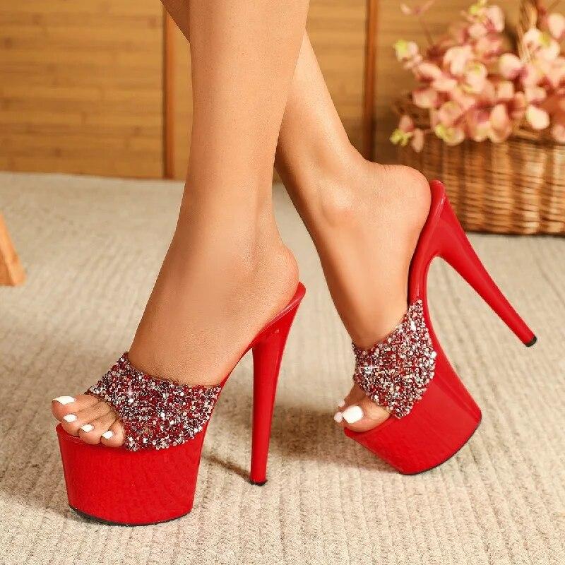 Eilyken Design Style Sequin Cloth Women Slippers Sexy Platform Ultra Thin High Heels Stripper Slide Shoes BIG Szie 43