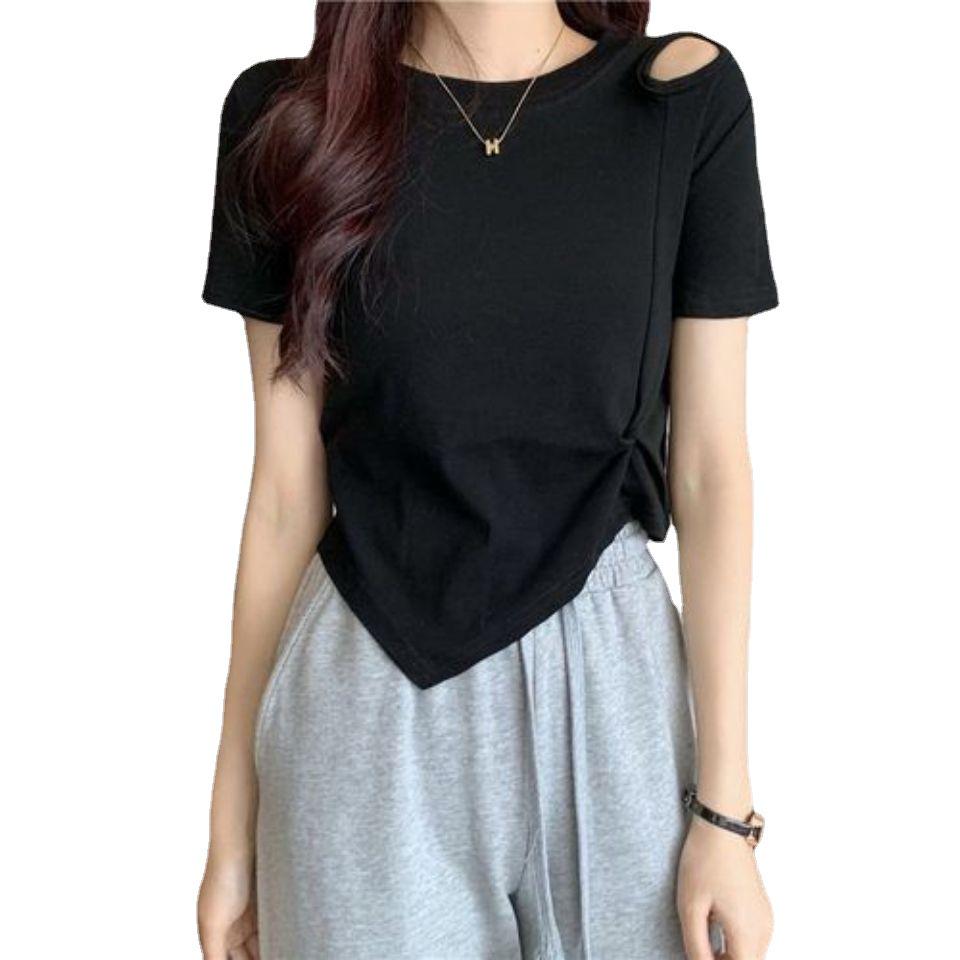 Summer 2025 Hot Pink High-Waist Slim Fit Hollow Short-Sleeve T-Shirt for Women