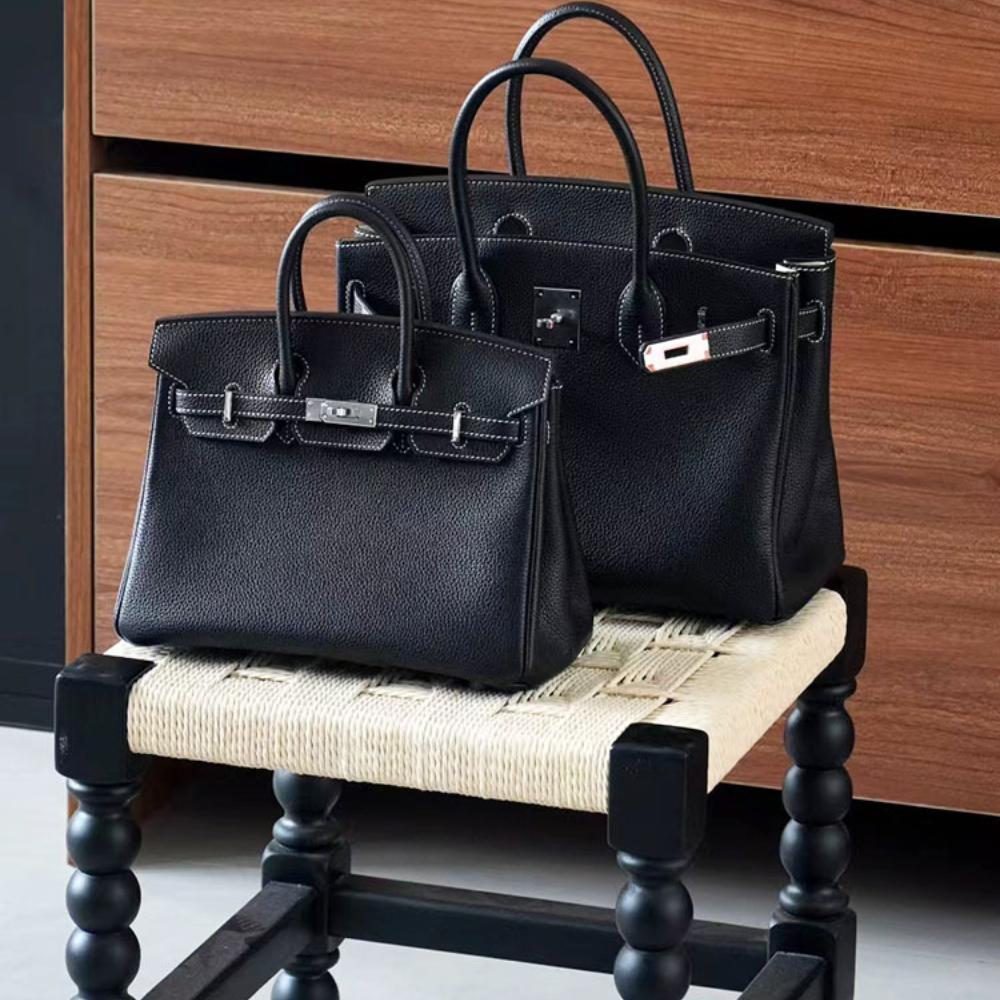 Høykvalitets spesiallaget semi-vokset tråd semi-håndsøm stålbeslag importert togo toppnarvet kuskinn håndveske med en følelse av luksus