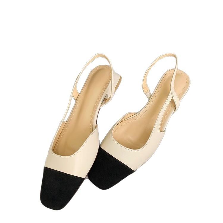 Französische quadratische Zehenpartie hellfarbene Mundpartie farblich passend leere einzelne Schuhe 2025 Frühling und Sommer dicker Absatz bequeme flache Schuhe Ledertasche Kopf Sandalen