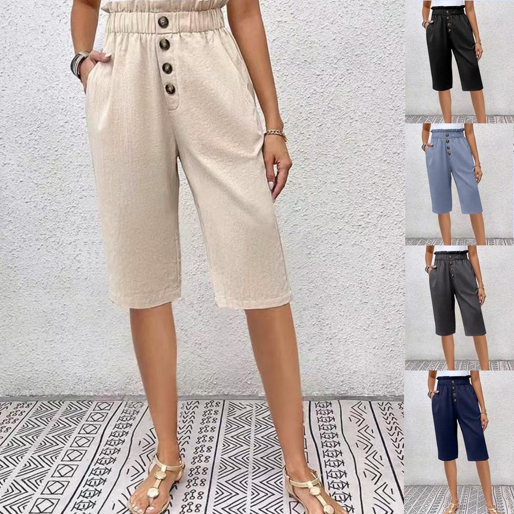 New Solid Color Cotton And Linen Pocket Button Women'S Casual Pants Shorts