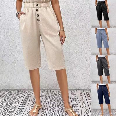 New Solid Color Cotton And Linen Pocket Button Women'S Casual Pants Shorts