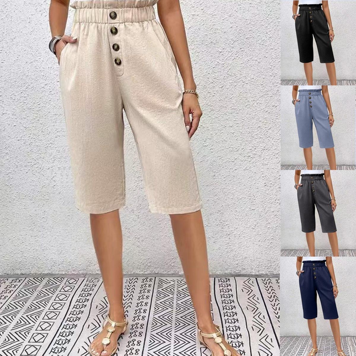 

New Solid Color Cotton And Linen Pocket Button Women S Casual Pants Shorts XXL