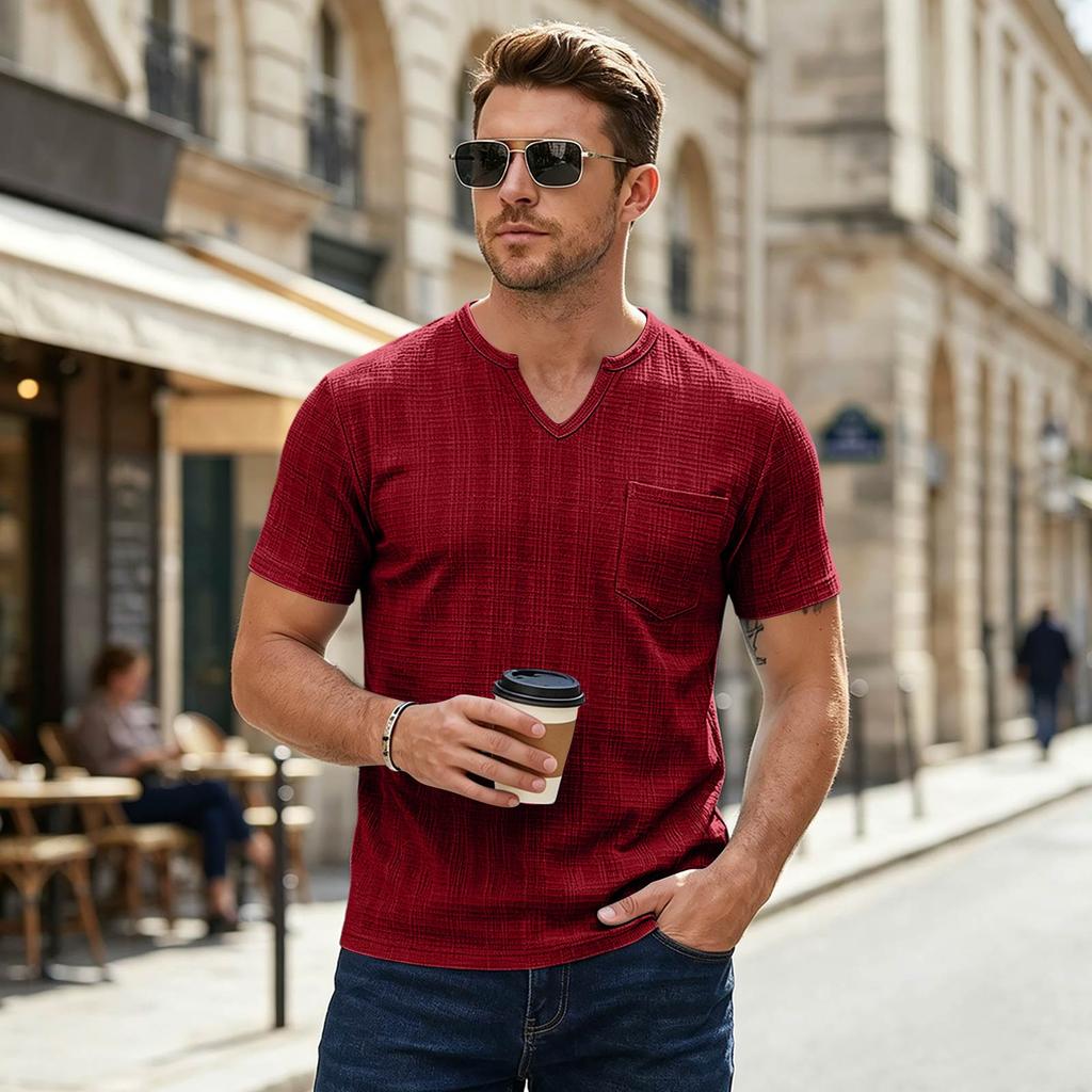 Herren Sommer Freizeit V-Ausschnitt T-Shirt Atmungsaktiv Leinenoptik Kurzarm Einfarbige Tasche T-Shirt Leicht