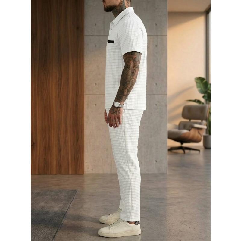 Solid Waffle Mens Casual Short Sleeve Polo Shirt And Long Pants Set