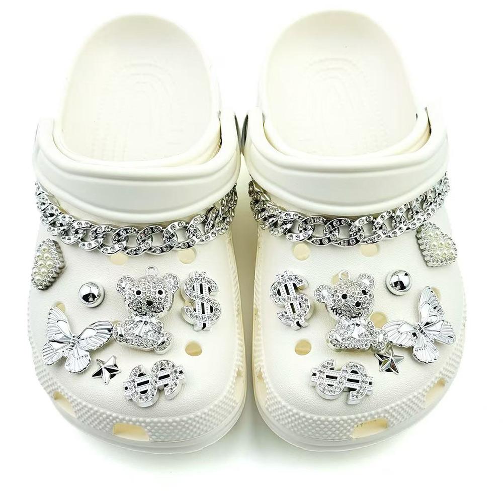 16PCS Fashion Shoe Charms Set Silver Diamond Bear Butterfly Chain Shoe Decorations Buckle for Sandals Clogs DIY Accessories Gift