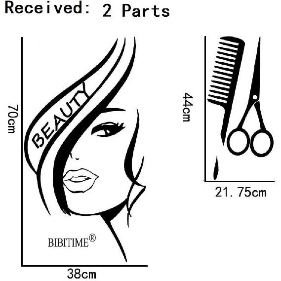 BIBITIME Modern Fashion Beauty Girl Cut Hair with Scissors Comb Barber Shop Wall Decal Window Sticker Hairdressing Salon Creative Personality Vinyl