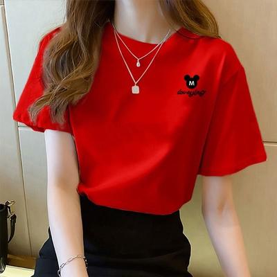 Basic Kurzarm T-Shirt Damen Sommer Rot Baumwolle Locker Geschnitten Lässig Einfarbig Mode Oberteil T-Shirt