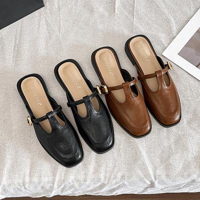 X139-3 French 2025 Summer New T-button Round Head Slippers Low Heel Mary Jane Shoes Comfortable Women's Outer Slippers