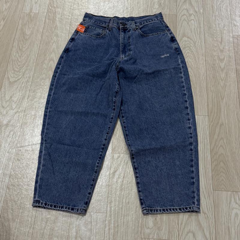 

2003 Товары Весна Новое поступление Чистый хлопок Стиранный Унисекс Стиль Свободный силуэт Деним Пара Тренд Высокая талия Джинсы папы Dark blue M