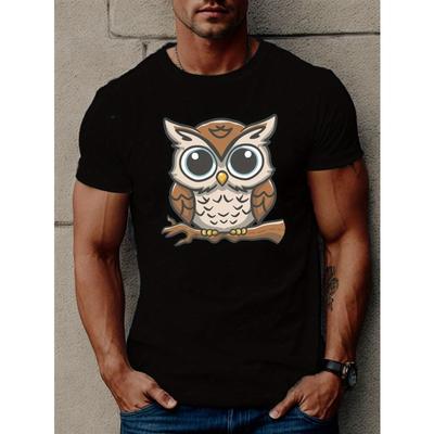European Sizes Men's Casual Owl Graphic T-Shirt - Short Sleeve, Polyester, Round Neck, Machine Washable, All-Season Comfort Top