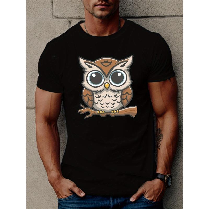

European sizes Men s Casual Owl Graphic T-Shirt - Short Sleeve, Polyester, Round Neck, Machine Washable, All-Season Comfort Top 4XL чорний