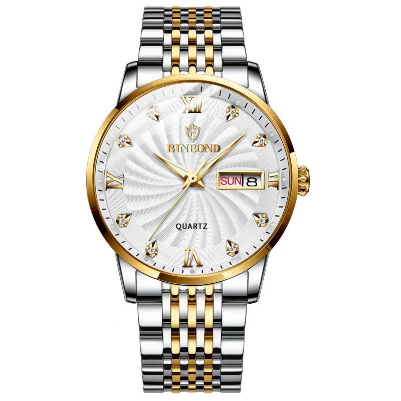 Stylish Men s Quartz Watch with Steel Band, Dual Calendar, Waterproof, Luminous, Hot-Selling, Fully Automatic