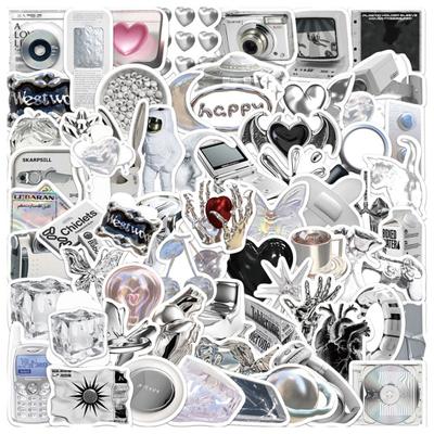 66Pcs Scrapbook Stickers Silver Color DIY Vinyl Art PVC Cute Hand Account Journal Album Cartoon Children Gift