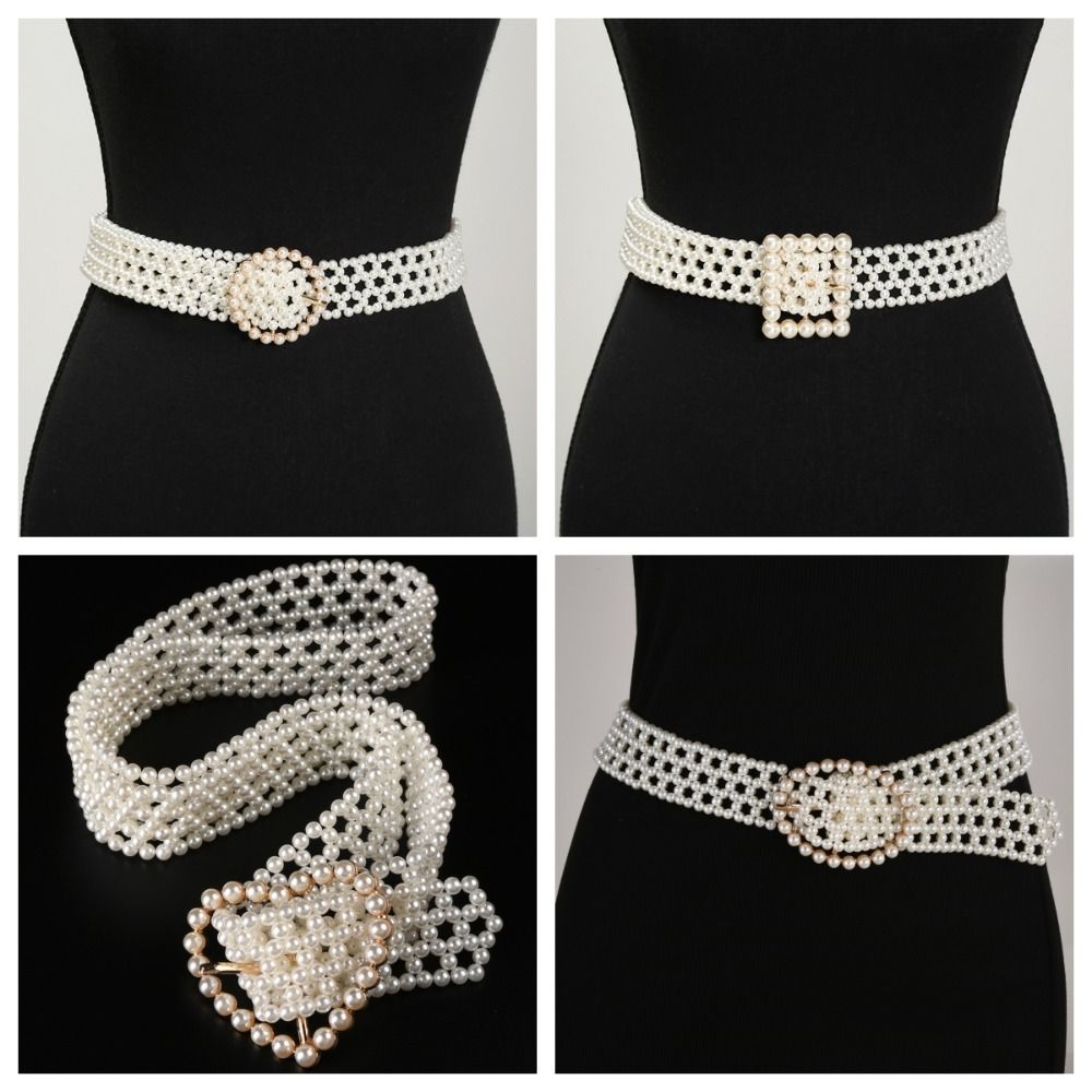 Hollow Pearl Waist Chain Elastic Band Beadeds Body Chain Fashion Pearl Waist Belt  Coat