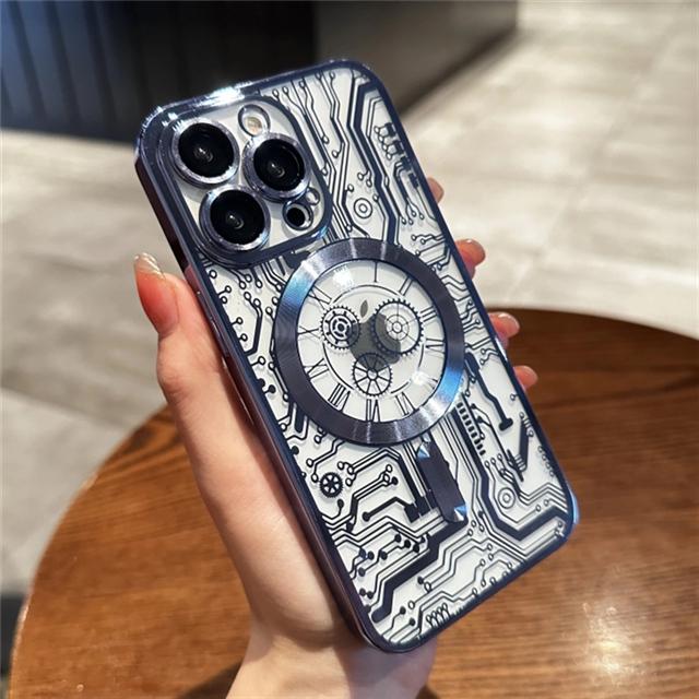 For iPhone 15 Pro Max Luxury Plating Magsafe Magnetic Mechanical Pattern Phone Case For iPhone 11 12 13 14 Plus Protective Cover