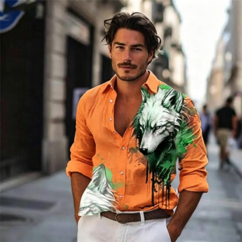 Men Button‑up Long Sleeve Shirt Wild Wolf‑head Splash‑art Motif Turn‑down Collar Leisure Street Theme‑party Gathering Outfit