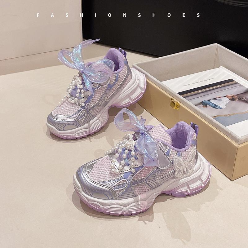 Girls cute sneakers 2025 spring and autumn new mesh pearl national style bow dad shoes running shoes tide