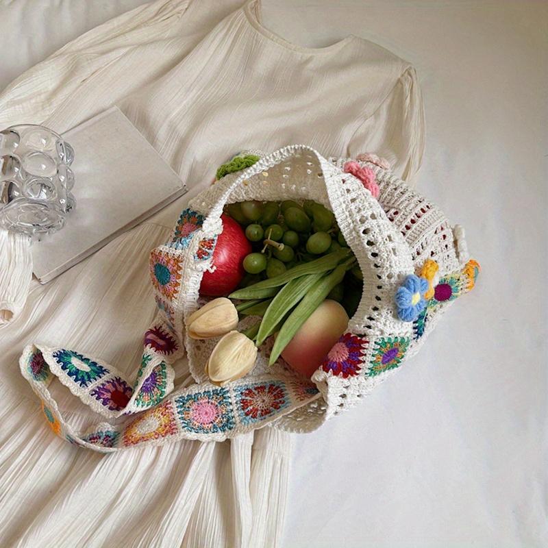 Duża Torba Tote w Stylu Boho Modna Szydełkowa Torebka z Kwiatowym Wzorem Vintage Wielokolorowa Wycinana Dzianinowa Torebka Modna Otwarta