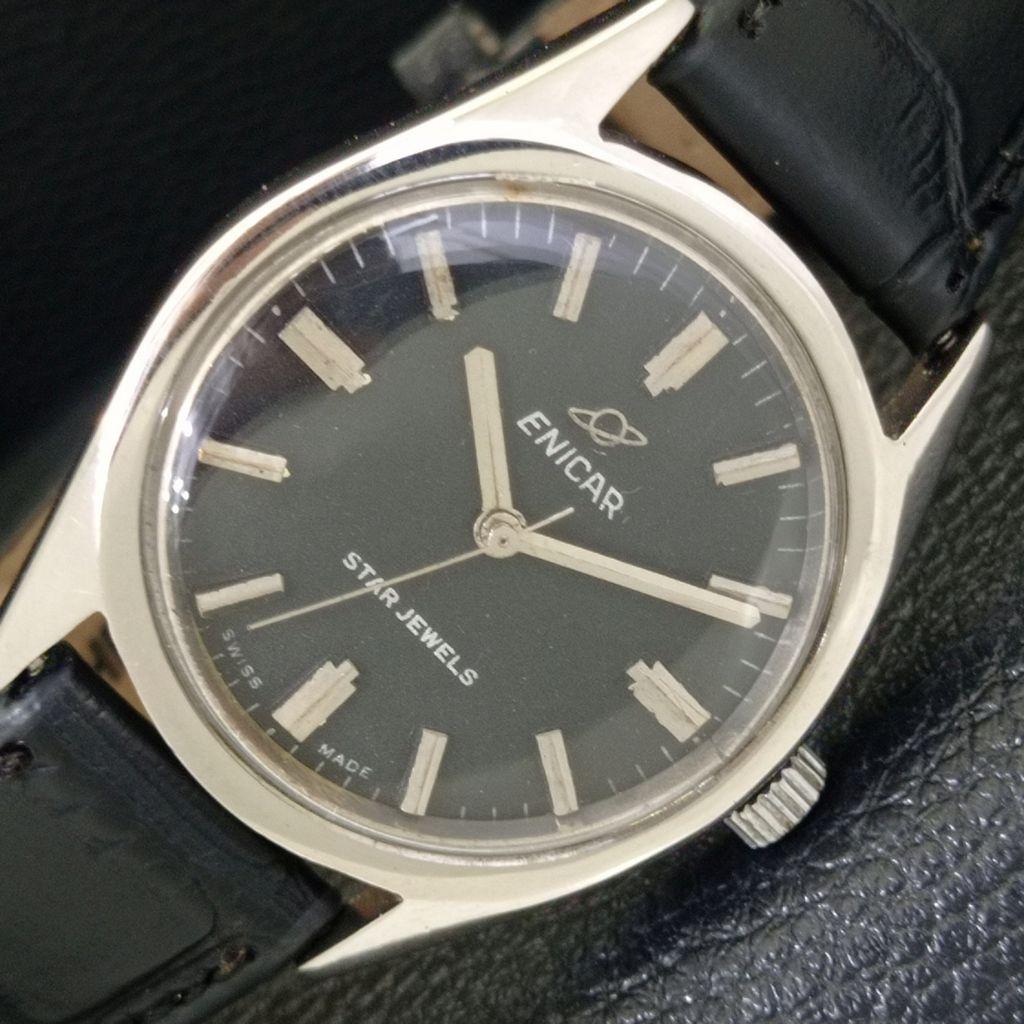 

SWISS VINTAGE ENICAR STAR JEWELS HAND-WINDING MENS BLACK DIAL WATCH a703775-1 R213e-a703775