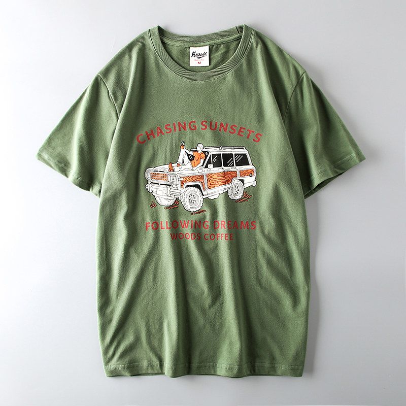 Cut-Off Label Retro Europe and America Short-Sleeved Export Original T-shirt Green XL