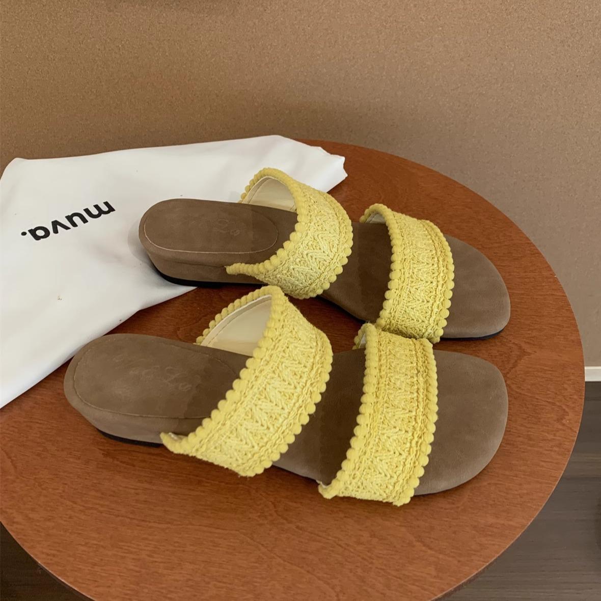 

Bohemian open-toed slippers for women s summer wear 2025 new woven slope heel thick-bottomed beach cool slippers 40 жёлтый