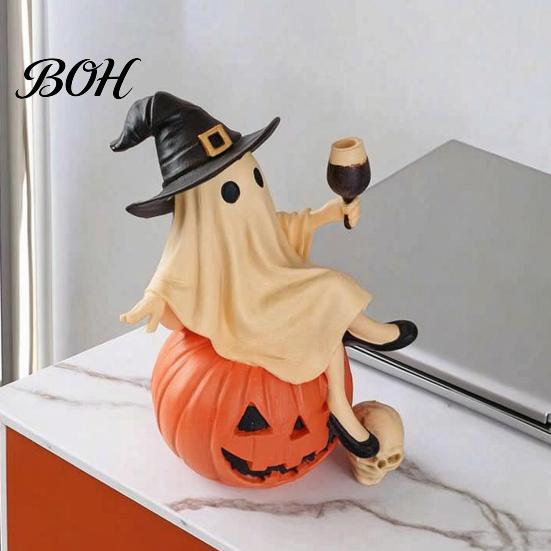 Decorative Bar Accessories Cute Ghost Figurine, Sitting on Pumpkin Statue with Witch Halloween Table Decor Hat, Resin Tabletop Ornament for Home Party