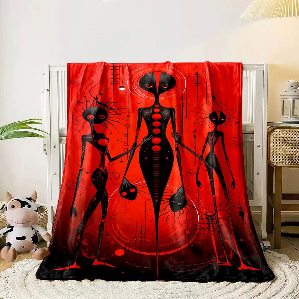 Alien-like Figures with Elongated Black Forms On a Vivid Red Abstract Background. for All Seasons Blanket Lunch Break Throw Gift